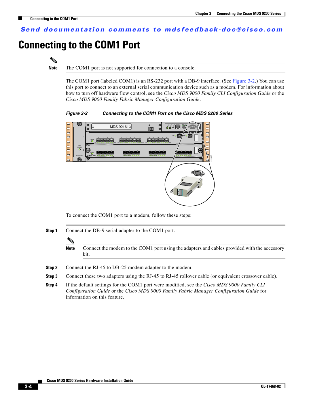Cisco Systems MDS 9200 Series manual Connecting to the COM1 Port 