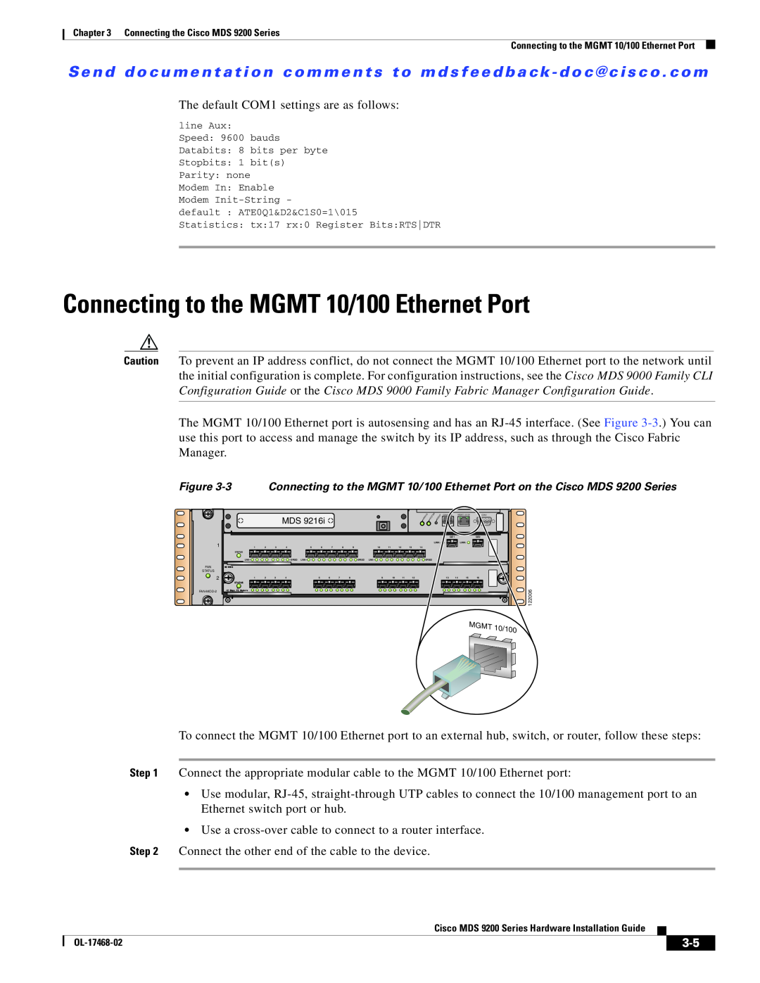 Cisco Systems MDS 9200 Series manual Connecting to the MGMT 10/100 Ethernet Port 