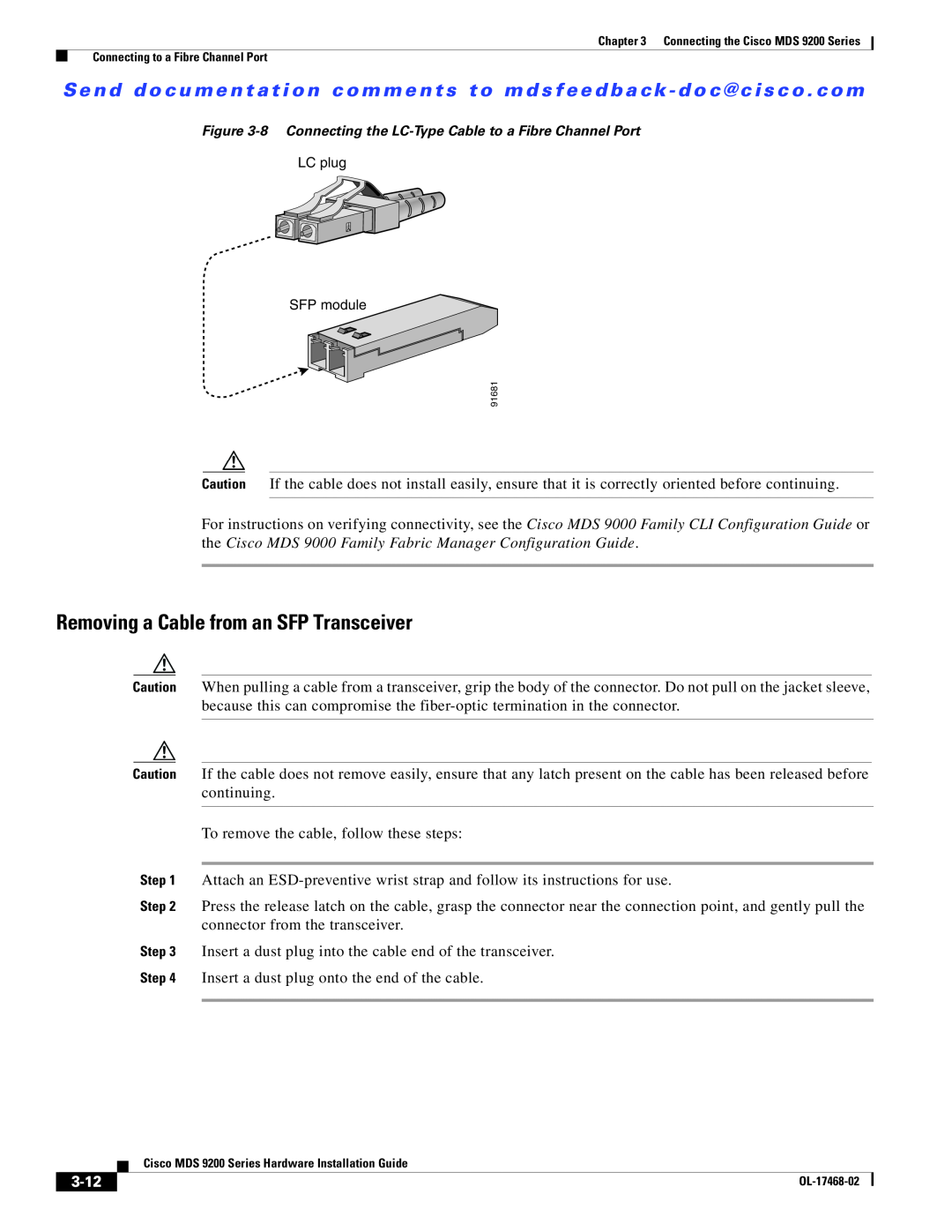 Cisco Systems MDS 9200 Series manual Removing a Cable from an SFP Transceiver, 3-12 