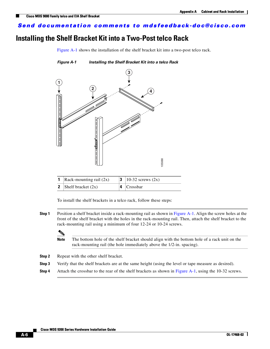 Cisco Systems MDS 9200 Series manual Installing the Shelf Bracket Kit into a Two-Post telco Rack 