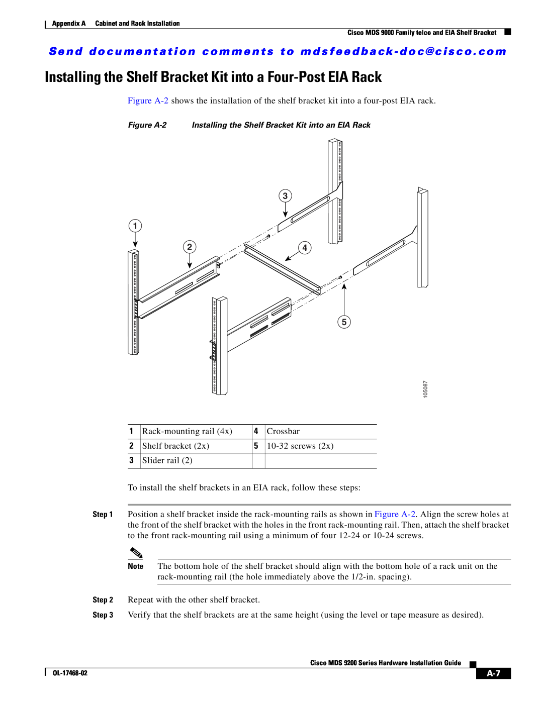 Cisco Systems MDS 9200 Series manual Installing the Shelf Bracket Kit into a Four-Post EIA Rack 