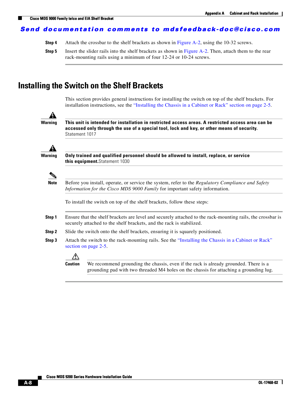 Cisco Systems MDS 9200 Series manual Installing the Switch on the Shelf Brackets 