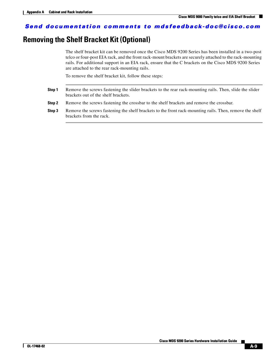 Cisco Systems MDS 9200 Series manual Removing the Shelf Bracket Kit Optional 