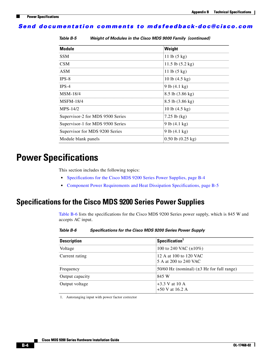 Cisco Systems manual Power Specifications, Specifications for the Cisco MDS 9200 Series Power Supplies 