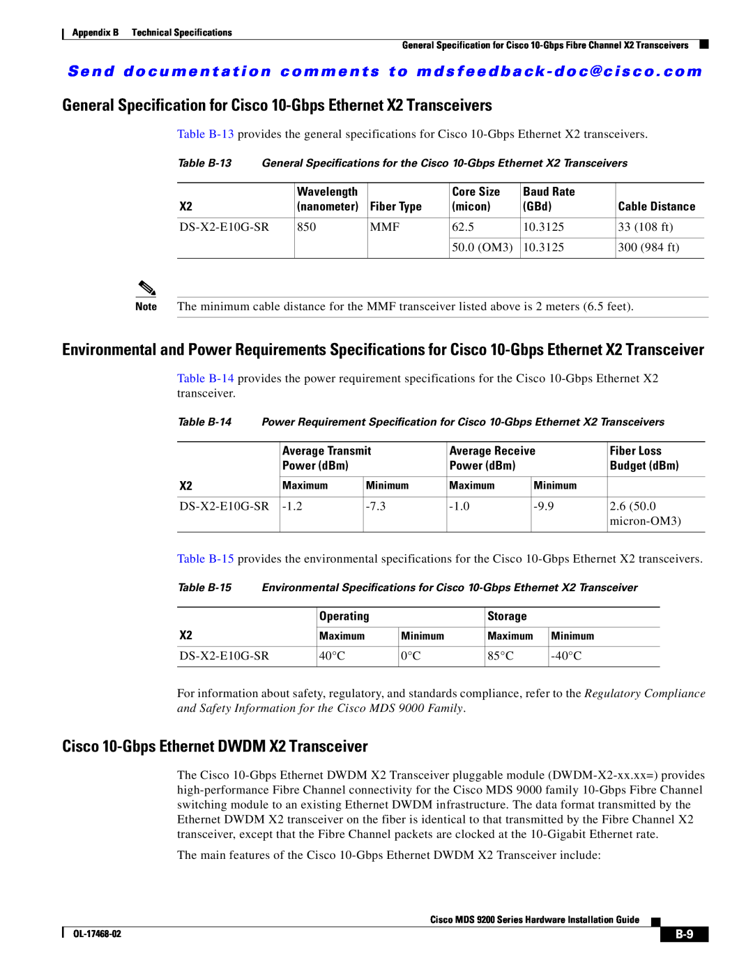 Cisco Systems MDS 9200 Series manual General Specification for Cisco 10-Gbps Ethernet X2 Transceivers 