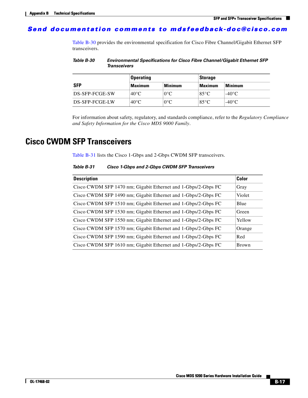 Cisco Systems MDS 9200 Series manual Cisco CWDM SFP Transceivers, B-17 