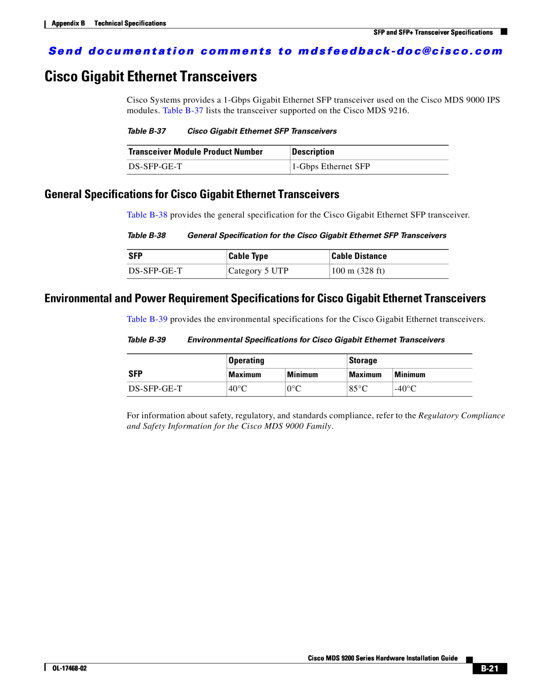 Cisco Systems MDS 9200 Series manual Cisco Gigabit Ethernet Transceivers, B-21 