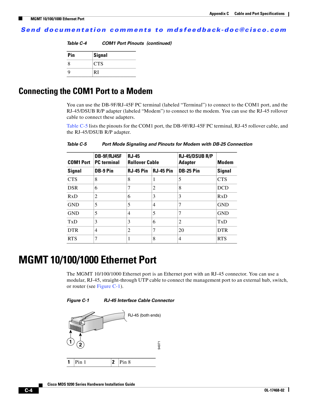 Cisco Systems MDS 9200 Series manual MGMT 10/100/1000 Ethernet Port, Connecting the COM1 Port to a Modem 