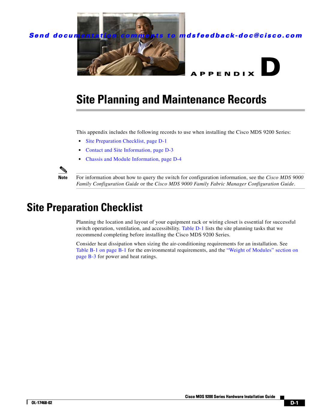 Cisco Systems MDS 9200 Series manual Site Planning and Maintenance Records, Site Preparation Checklist, A P P E N D I X D 