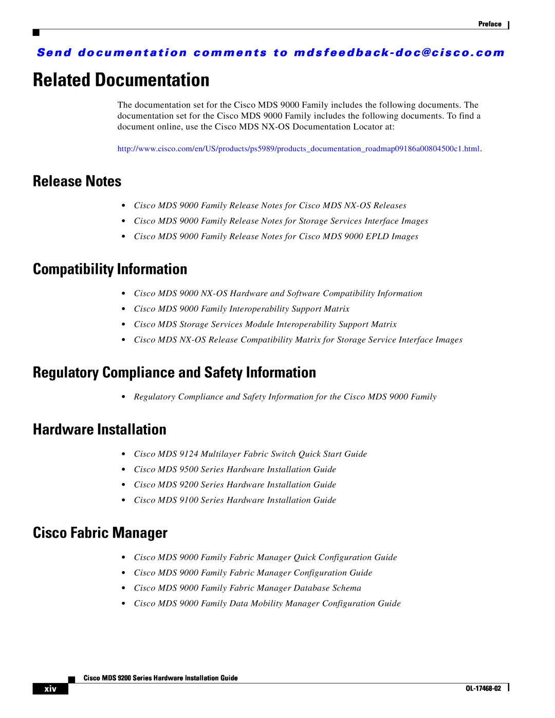 Cisco Systems MDS 9200 Series manual Related Documentation, Release Notes, Compatibility Information, Hardware Installation 