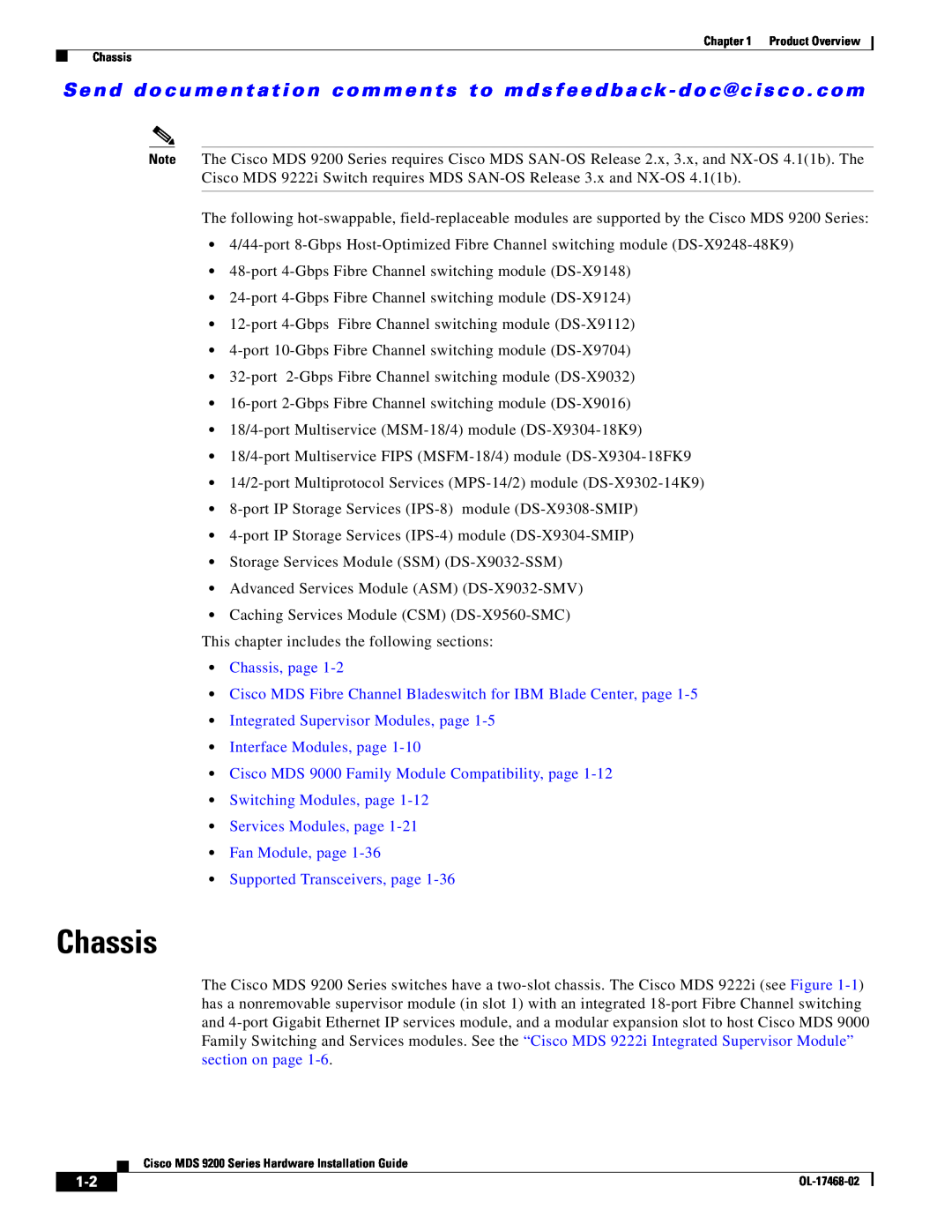 Cisco Systems MDS 9200 Series manual Chassis, page, Cisco MDS Fibre Channel Bladeswitch for IBM Blade Center, page 