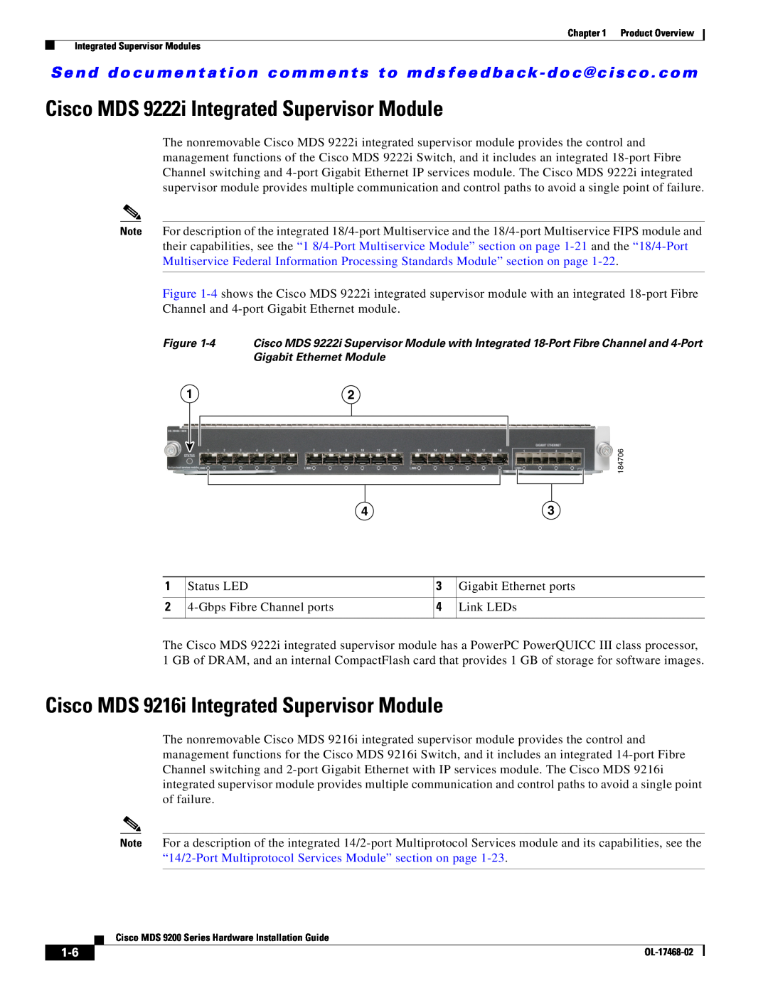 Cisco Systems MDS 9200 Series Cisco MDS 9222i Integrated Supervisor Module, Cisco MDS 9216i Integrated Supervisor Module 
