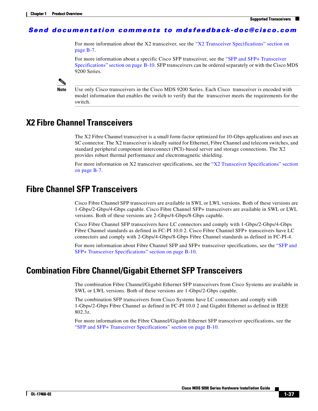 Cisco Systems MDS 9200 Series manual X2 Fibre Channel Transceivers, Fibre Channel SFP Transceivers, 1-37 