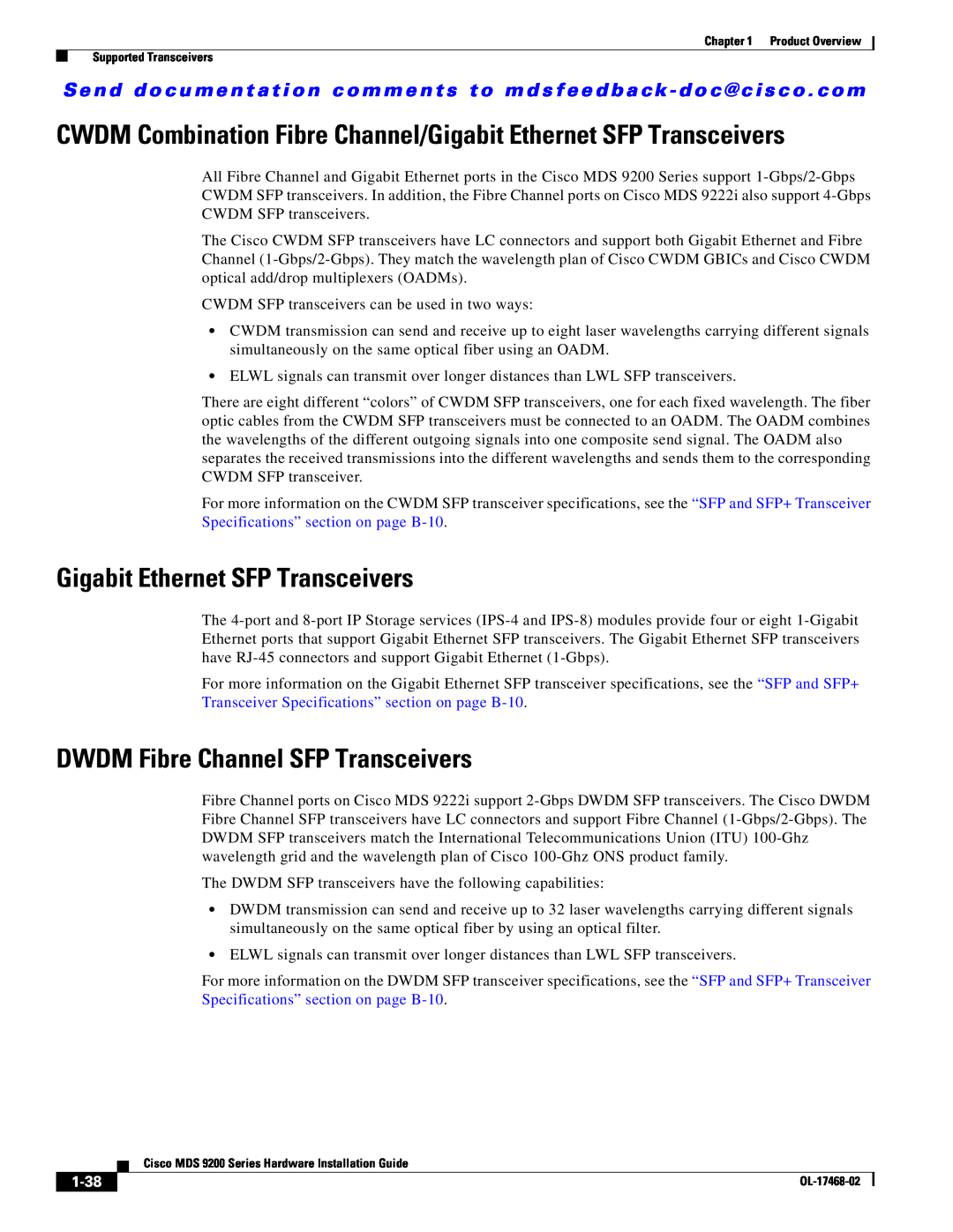 Cisco Systems MDS 9200 Series manual Gigabit Ethernet SFP Transceivers, DWDM Fibre Channel SFP Transceivers, 1-38 