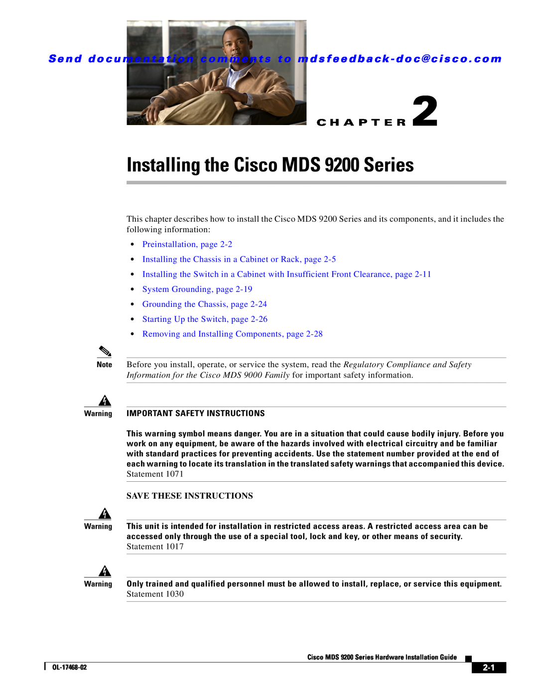 Cisco Systems manual Installing the Cisco MDS 9200 Series, Preinstallation, page, Save These Instructions, C H A P T E R 