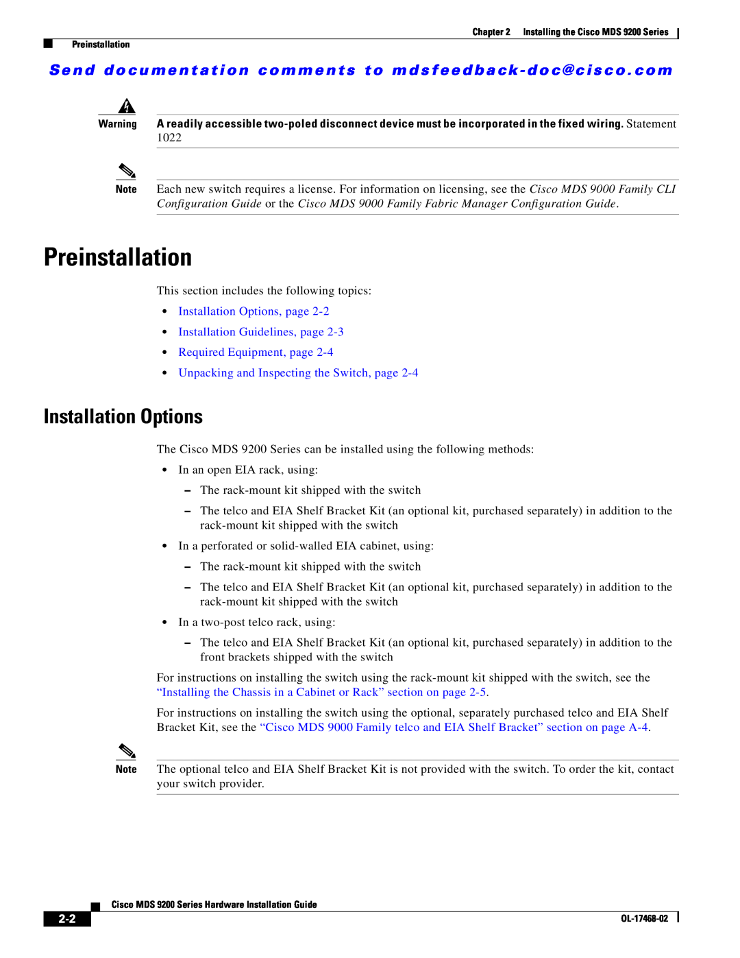 Cisco Systems MDS 9200 Series manual Preinstallation, Installation Options 