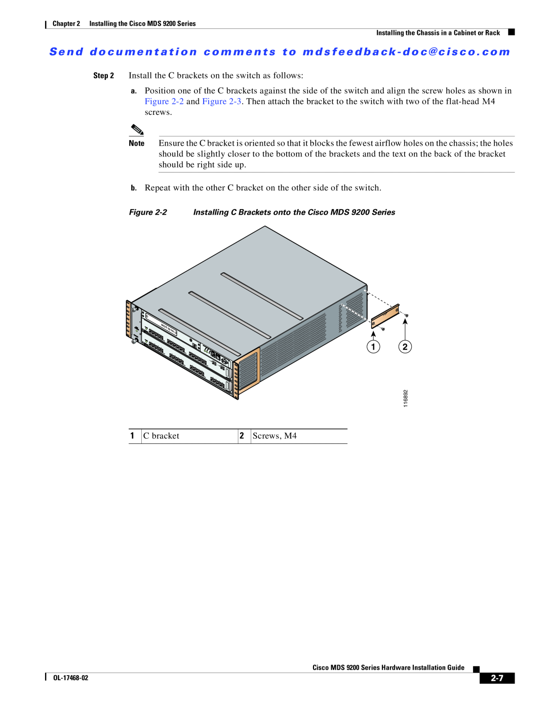 Cisco Systems manual 2 Installing C Brackets onto the Cisco MDS 9200 Series 