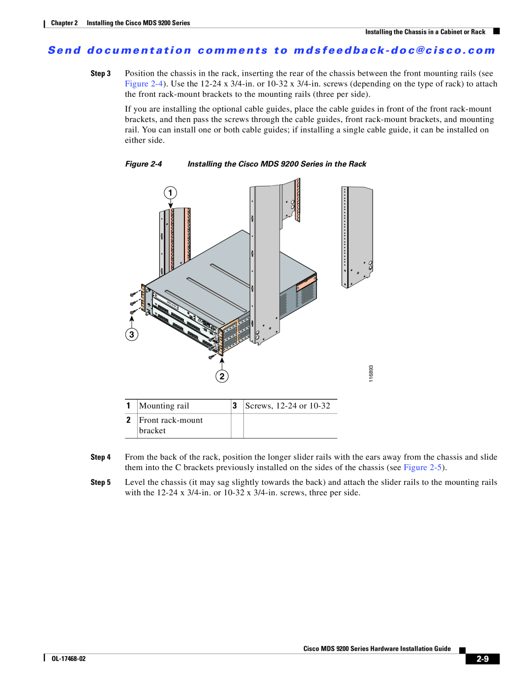 Cisco Systems manual 4 Installing the Cisco MDS 9200 Series in the Rack 