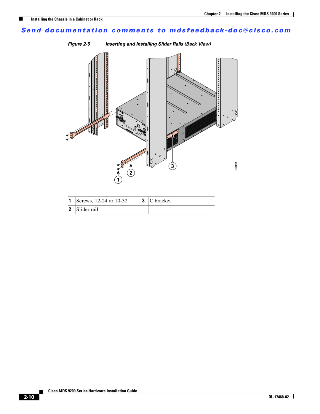 Cisco Systems MDS 9200 Series manual 2-10, 5 Inserting and Installing Slider Rails Back View, 99001, OL-17468-02 