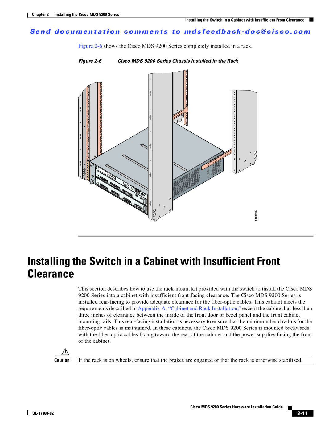 Cisco Systems MDS 9200 Series 2-11, Installing the Switch in a Cabinet with Insufficient Front Clearance, OL-17468-02 