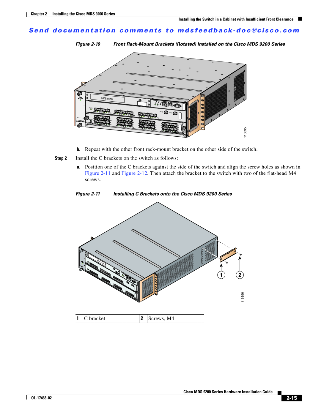 Cisco Systems manual 2-15, 11 Installing C Brackets onto the Cisco MDS 9200 Series, 9216i 