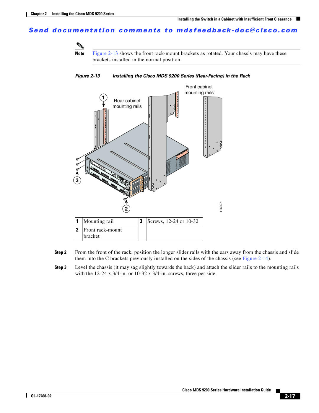 Cisco Systems MDS 9200 Series manual 2-17, Rear cabinet mounting rails, Front cabinet mounting rails 