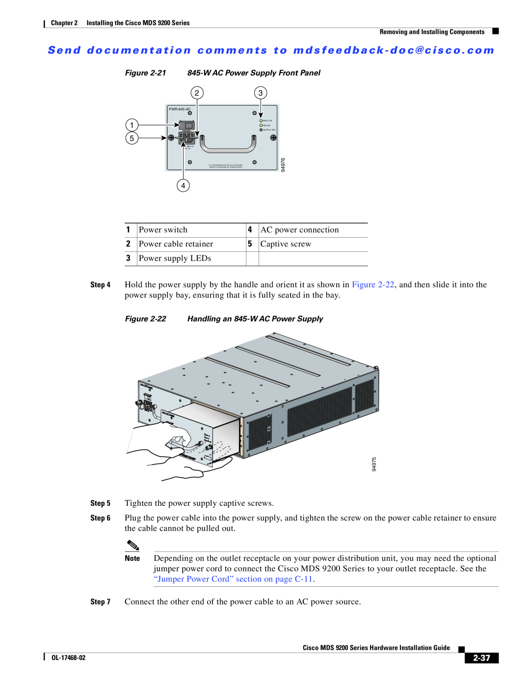 Cisco Systems MDS 9200 Series manual 2-37, 21 845-W AC Power Supply Front Panel, 22 Handling an 845-W AC Power Supply 