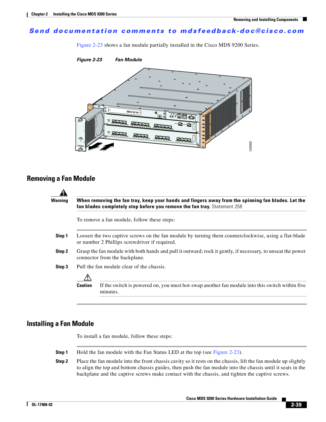 Cisco Systems MDS 9200 Series manual Removing a Fan Module, Installing a Fan Module, 2-39 