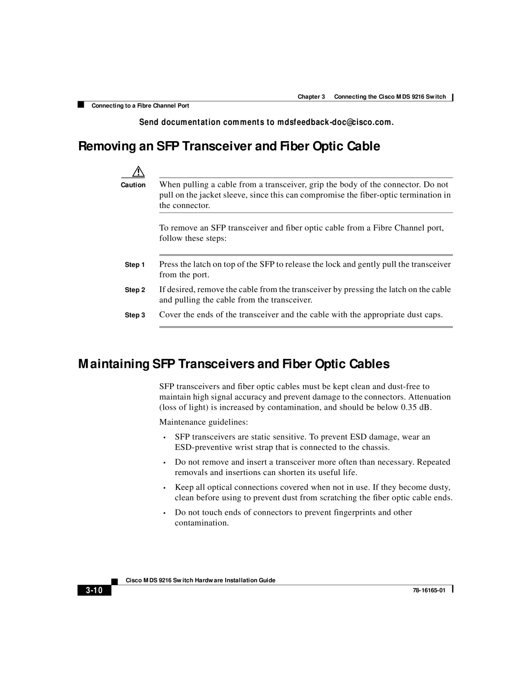 Cisco Systems MDS 9216 manual Removing an SFP Transceiver and Fiber Optic Cable 