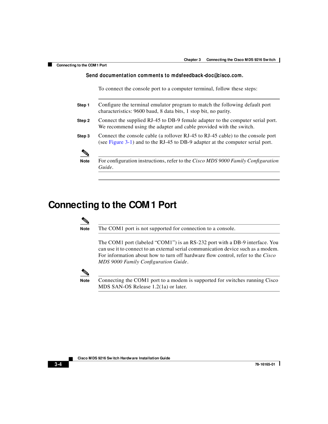 Cisco Systems MDS 9216 manual Connecting to the COM1 Port 