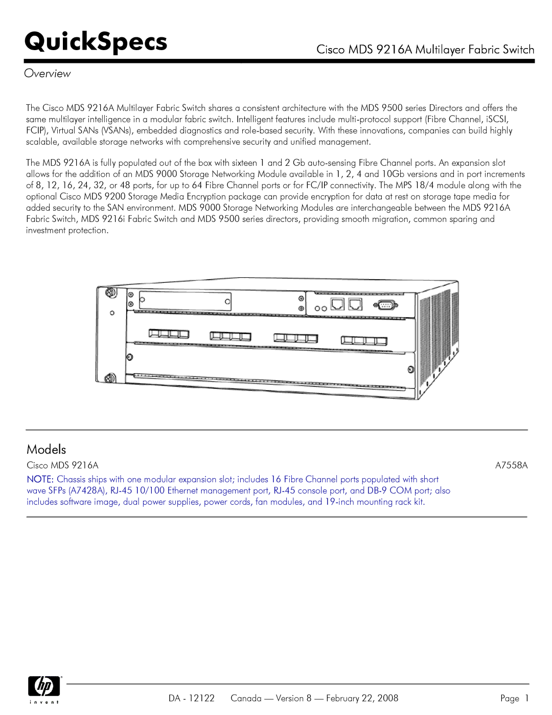 Cisco Systems manual Models, Cisco MDS 9216A Multilayer Fabric Switch, Overview 