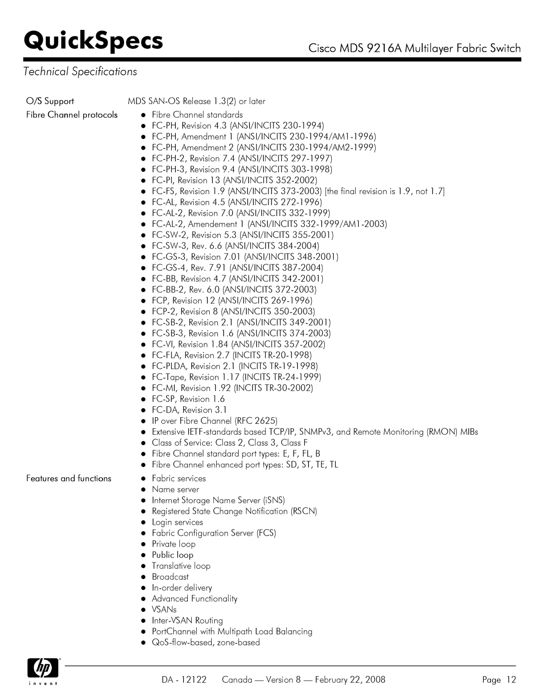 Cisco Systems MDS 9216A manual Technical Specifications, Features and functions 