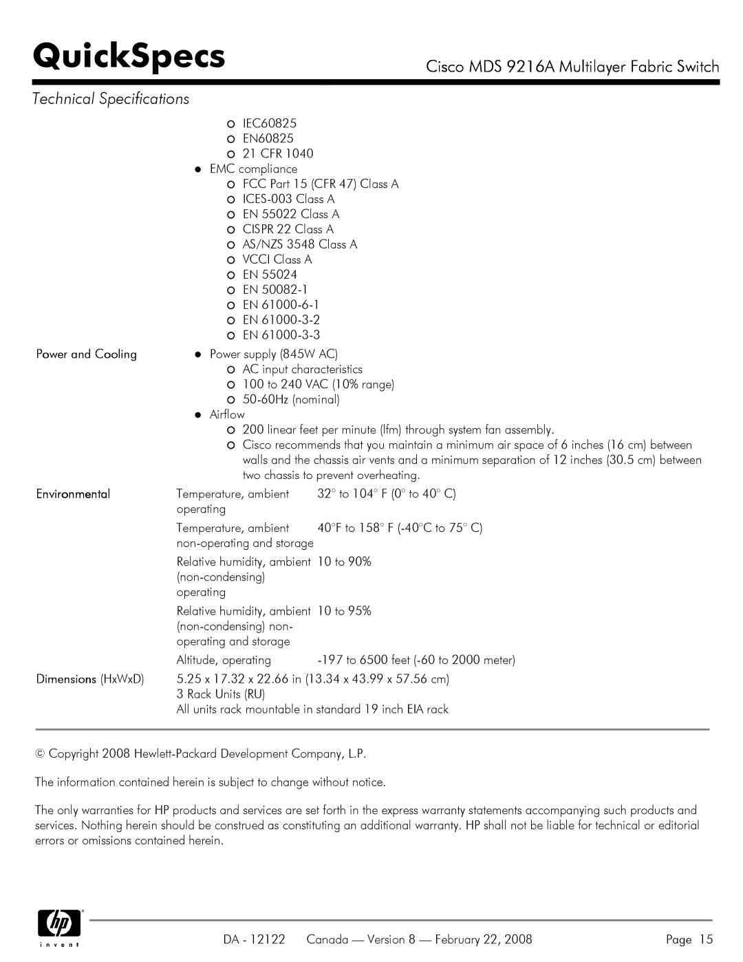 Cisco Systems MDS 9216A manual Power and Cooling, Environmental, Dimensions HxWxD 