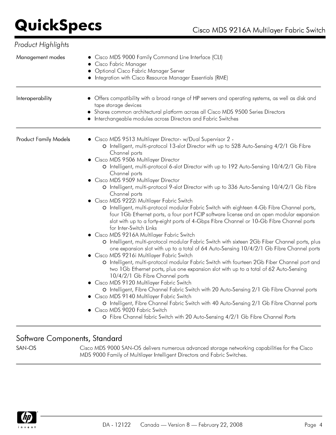 Cisco Systems MDS 9216A manual Software Components, Standard, Management modes, Interoperability, Product Family Models 