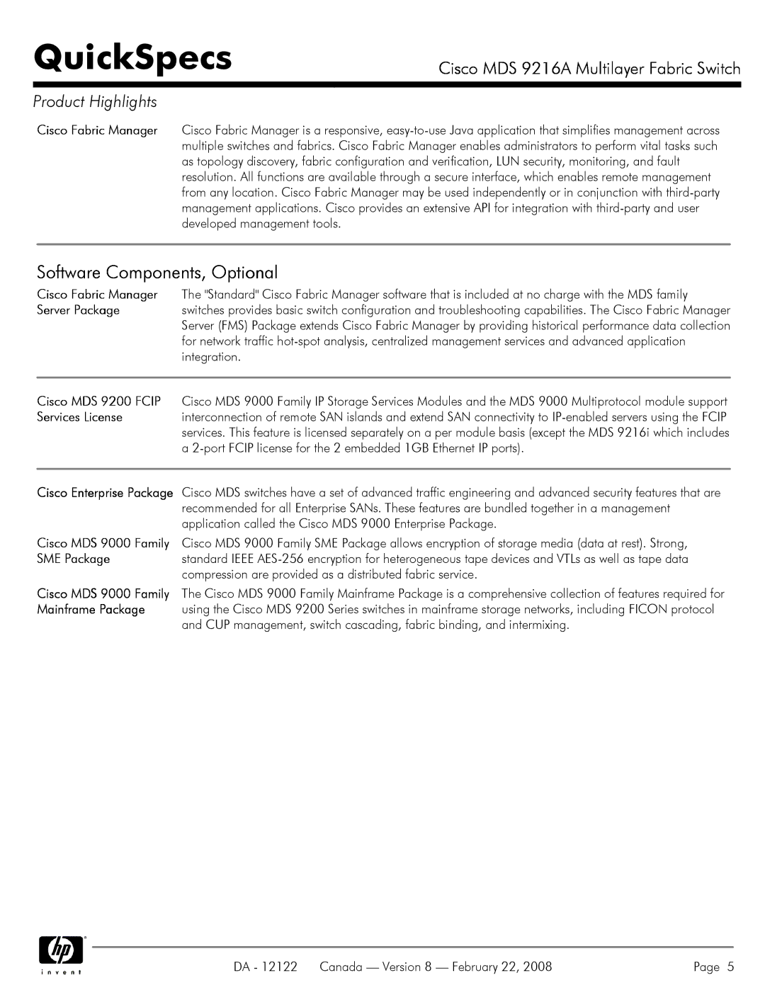 Cisco Systems MDS 9216A manual Software Components, Optional 