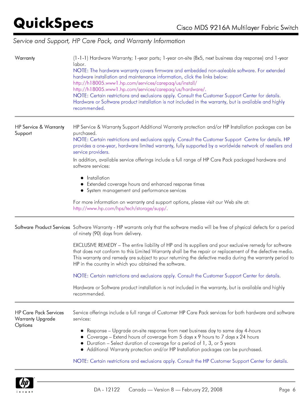 Cisco Systems MDS 9216A manual Service and Support, HP Care Pack, and Warranty Information 