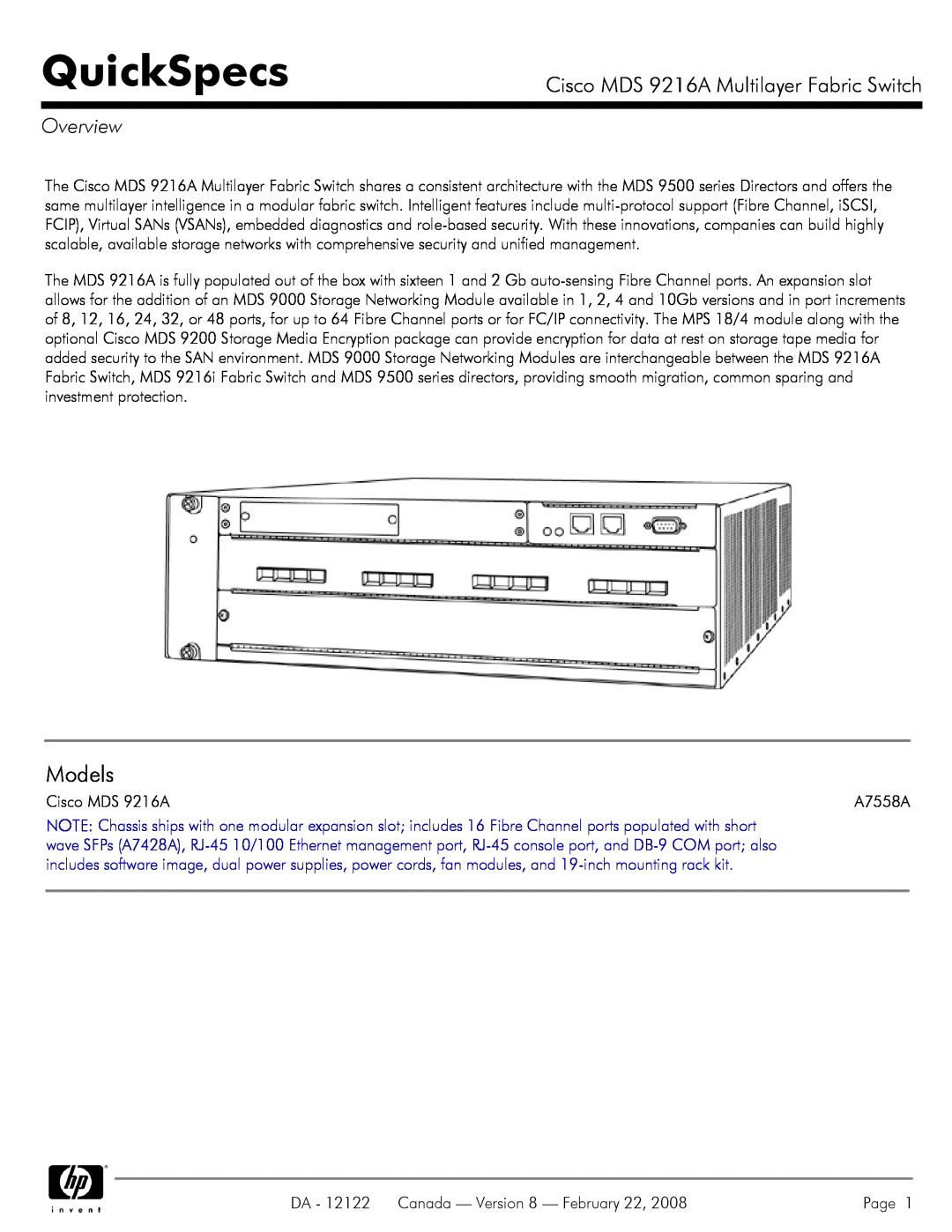 Cisco Systems manual QuickSpecs, Models, Cisco MDS 9216A Multilayer Fabric Switch, Overview 