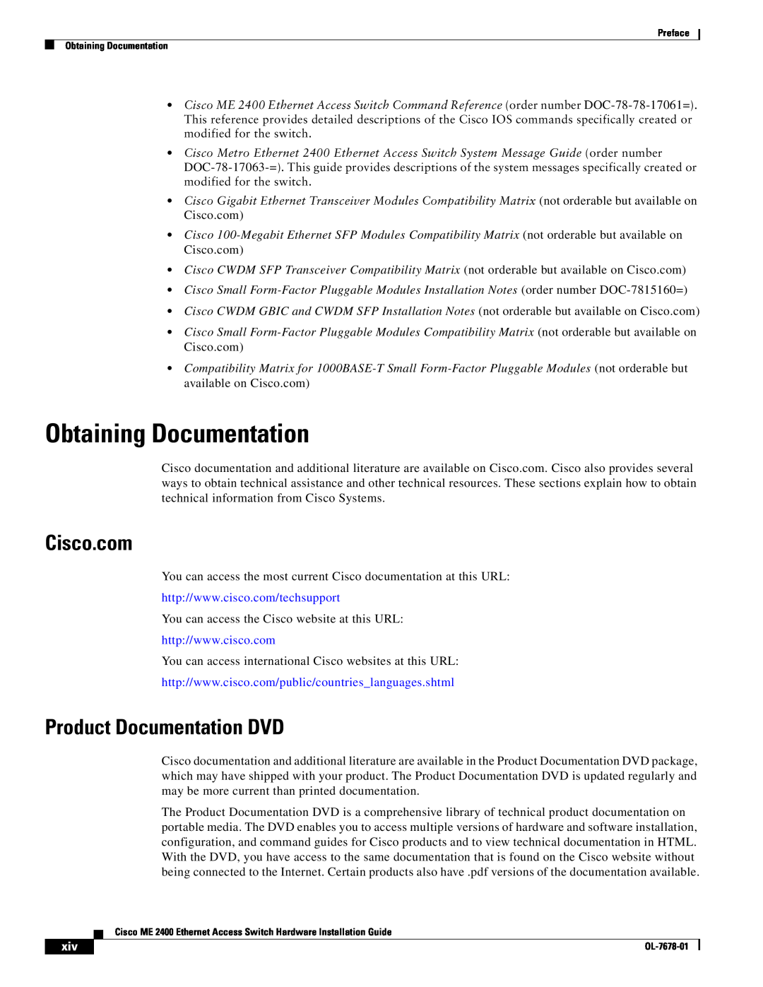 Cisco Systems ME 2400 manual Obtaining Documentation, Cisco.com, Product Documentation DVD 