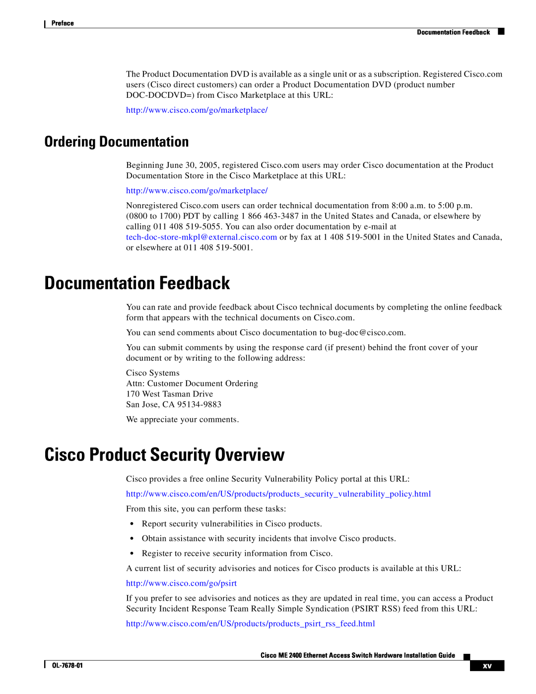 Cisco Systems ME 2400 manual Documentation Feedback, Cisco Product Security Overview, Ordering Documentation 