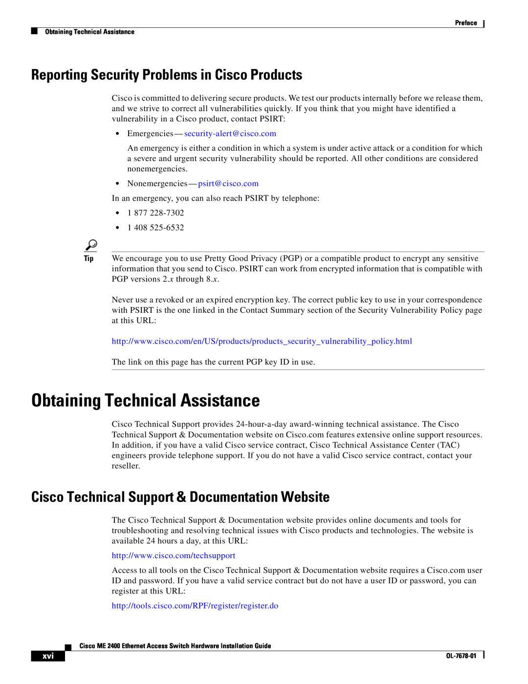 Cisco Systems ME 2400 manual Obtaining Technical Assistance, Reporting Security Problems in Cisco Products 
