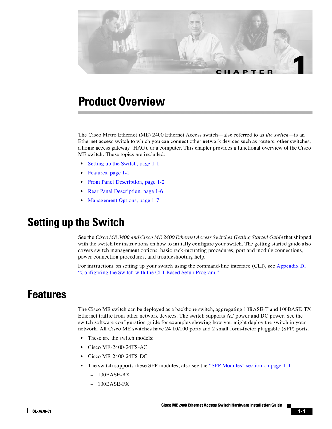 Cisco Systems ME 2400 manual Product Overview, Setting up the Switch, Features, C H A P T E R 