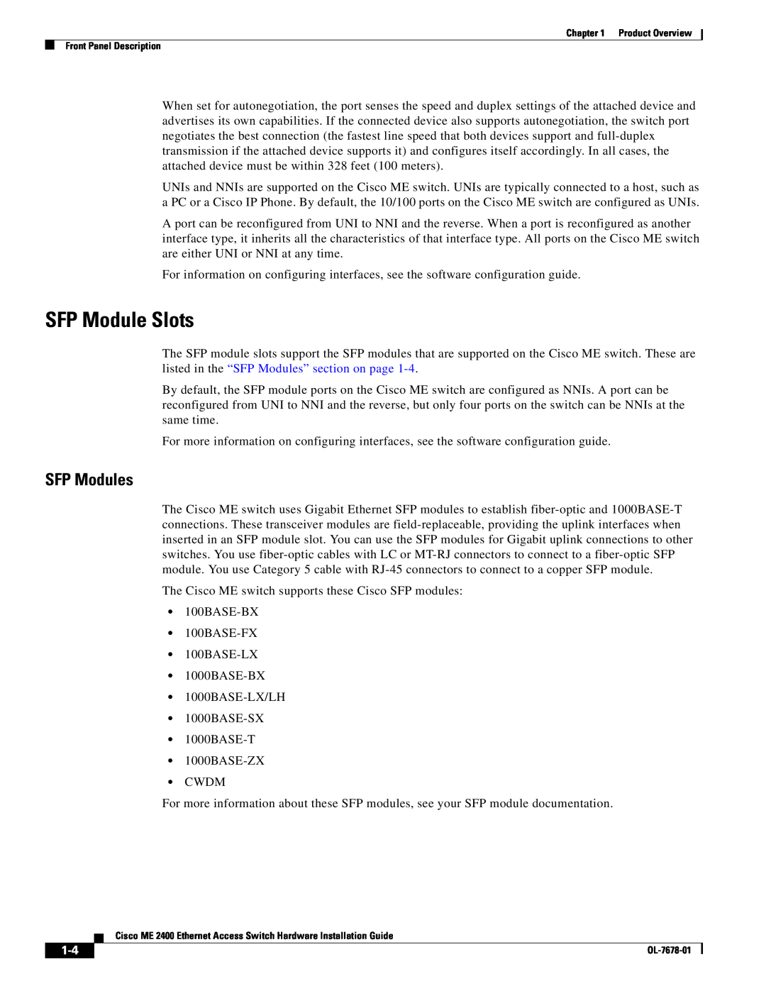 Cisco Systems ME 2400 manual SFP Module Slots, SFP Modules 