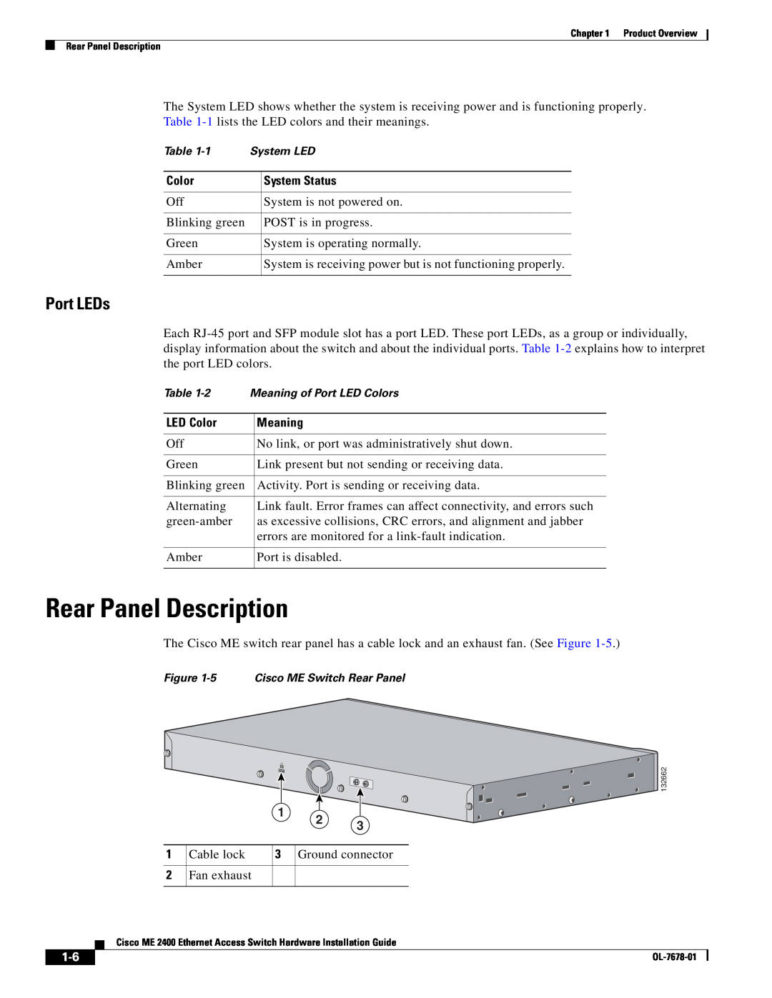 Cisco Systems ME 2400 manual Rear Panel Description, Port LEDs 