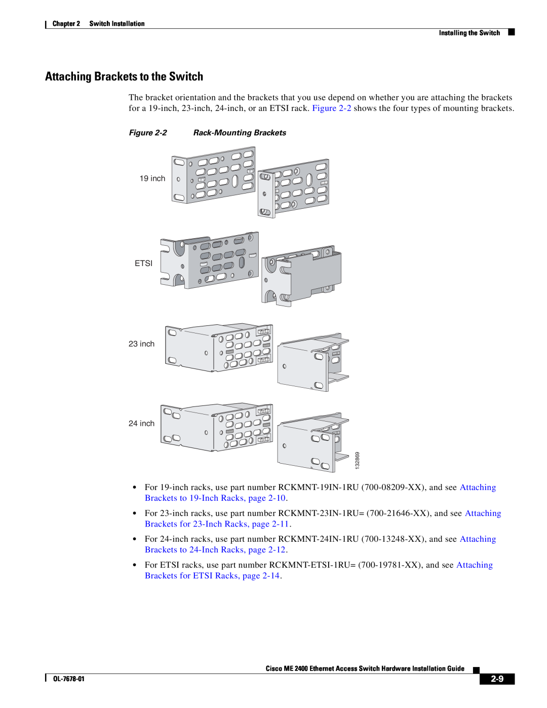 Cisco Systems ME 2400 manual Attaching Brackets to the Switch, 2 Rack-Mounting Brackets 