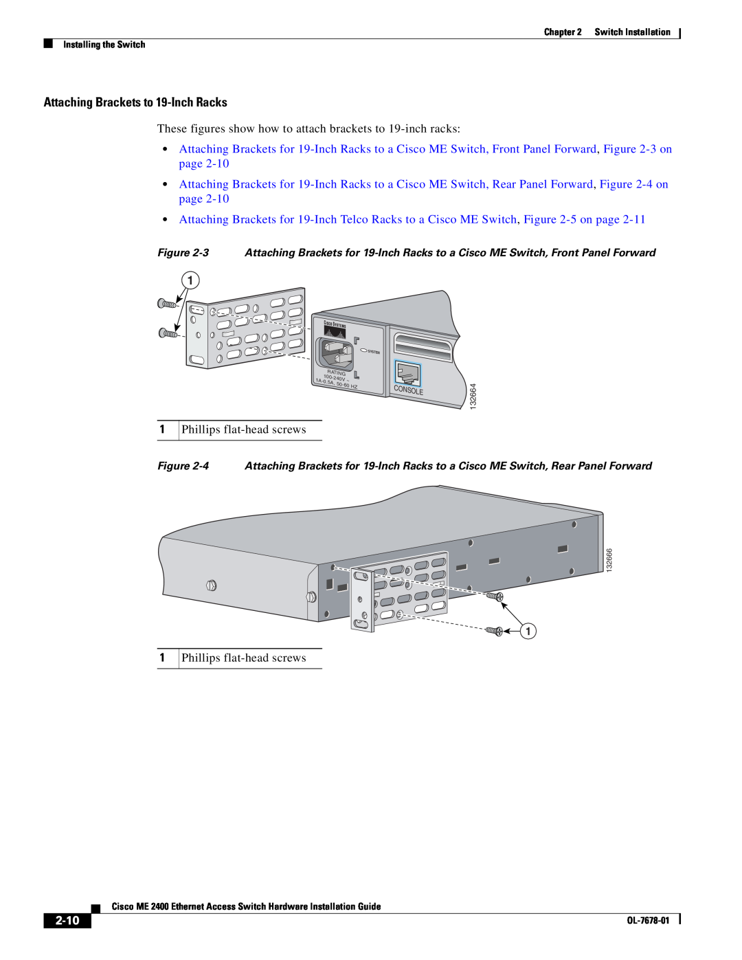 Cisco Systems ME 2400 manual Attaching Brackets to 19-Inch Racks, 2-10, 240V, 50-60, Console 