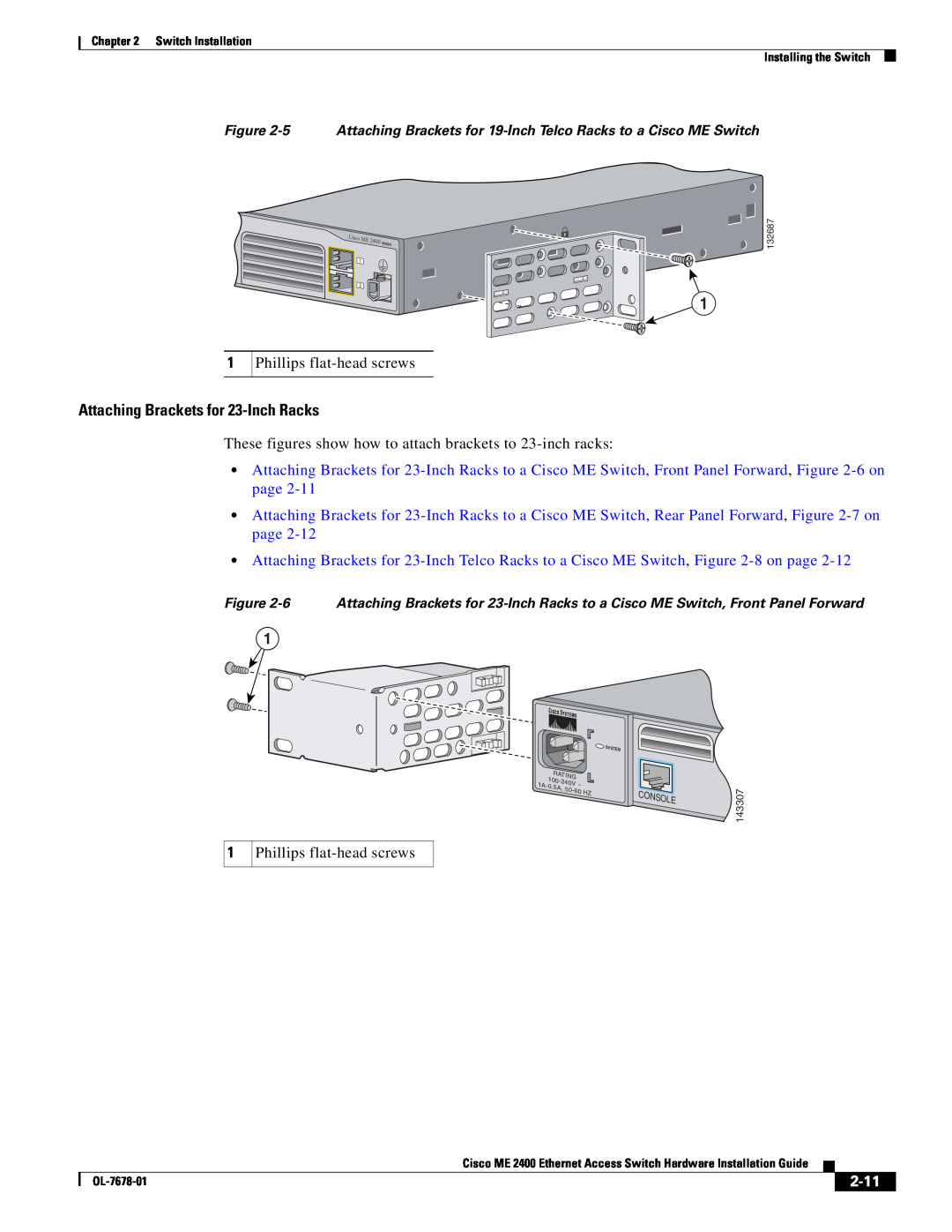 Cisco Systems ME 2400 manual Attaching Brackets for 23-Inch Racks, 2-11, Cisco ME 
