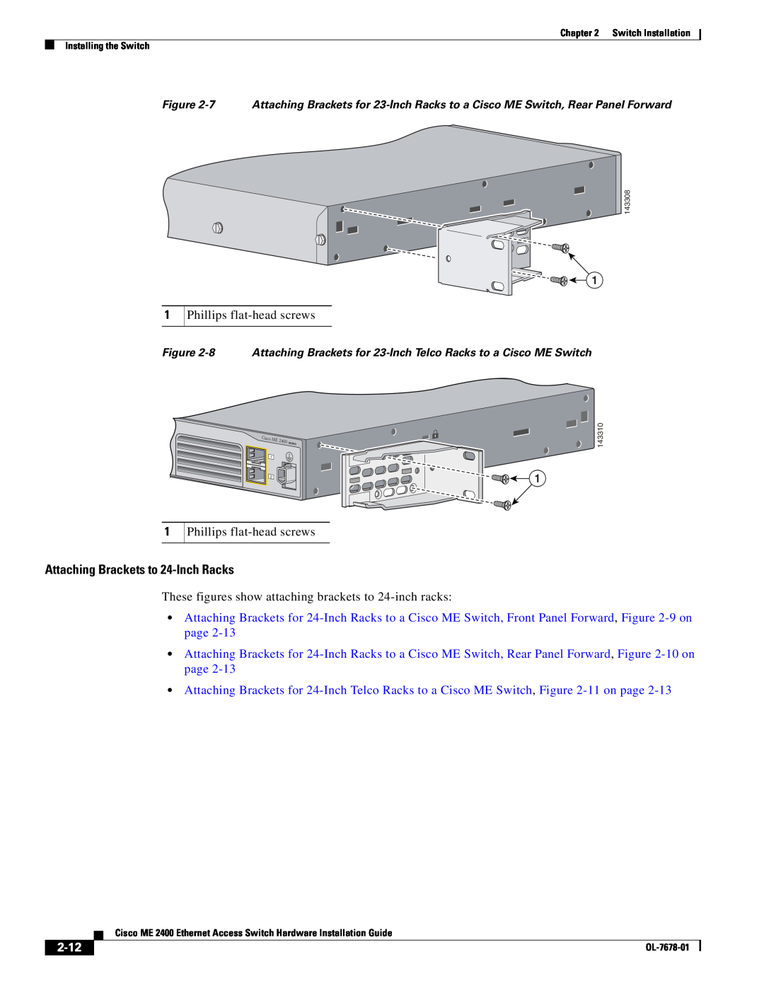 Cisco Systems ME 2400 manual Attaching Brackets to 24-Inch Racks, 2-12, Cisco 