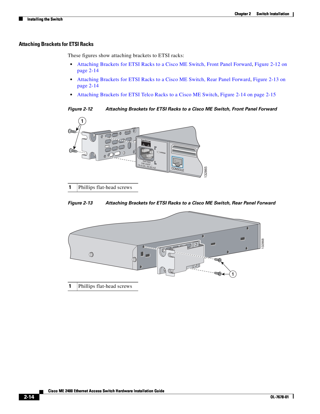 Cisco Systems ME 2400 manual Attaching Brackets for ETSI Racks, 2-14 
