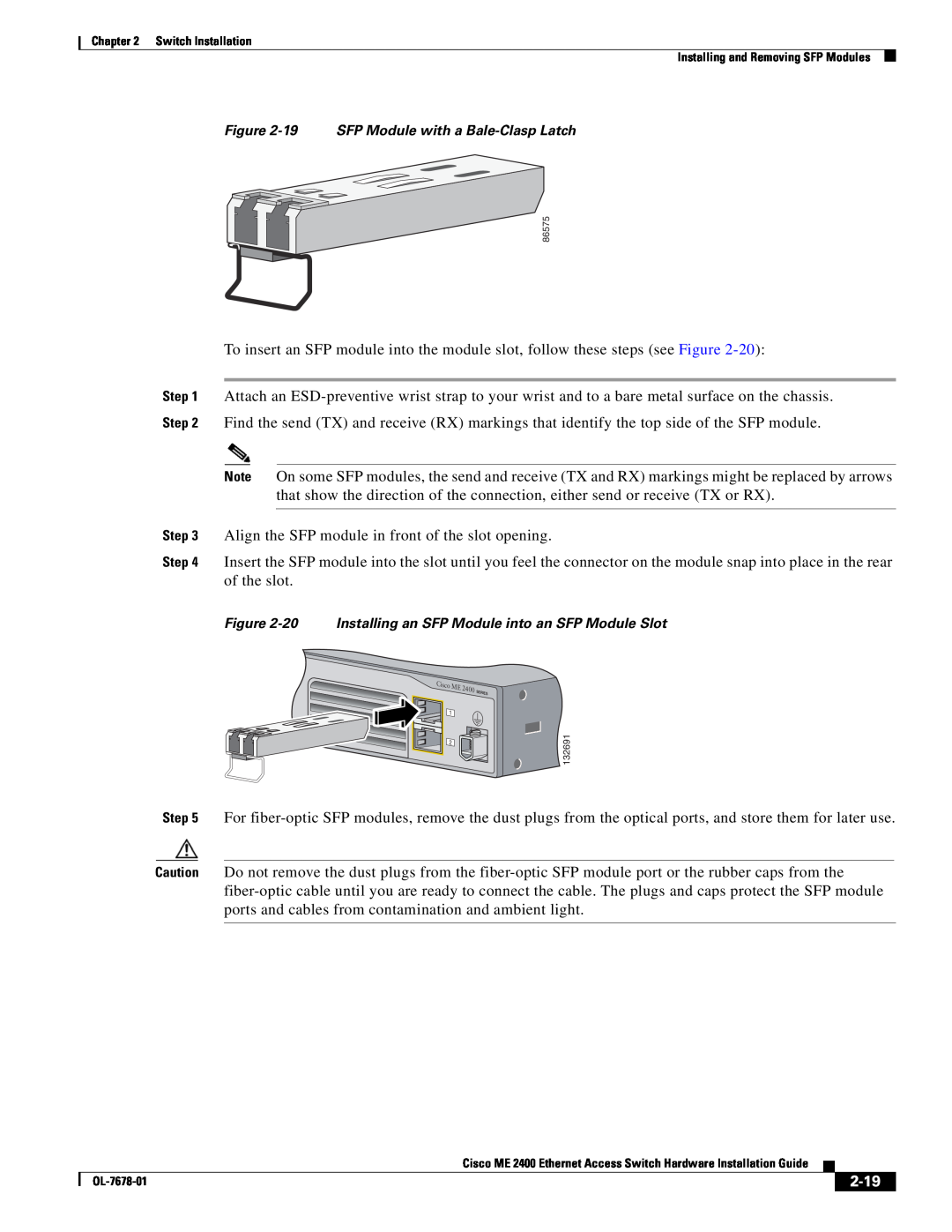 Cisco Systems ME 2400 manual 2-19, Align the SFP module in front of the slot opening 