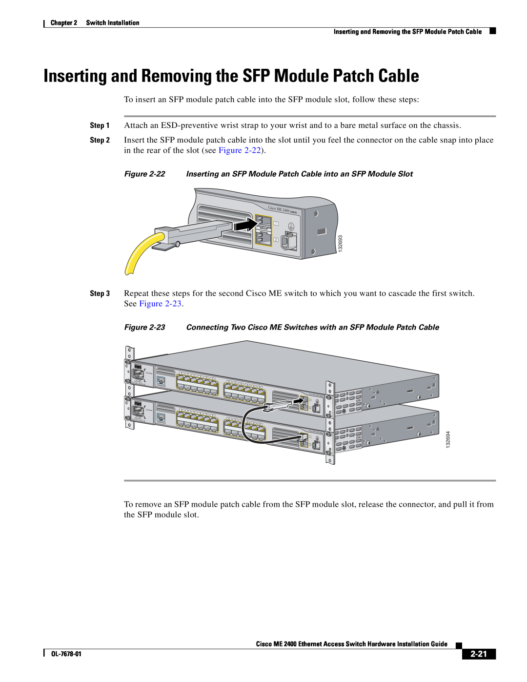 Cisco Systems ME 2400 manual Inserting and Removing the SFP Module Patch Cable, 2-21 